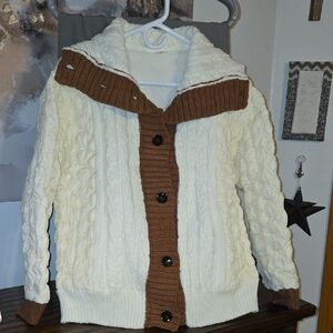 Like Love Cable Knit Sweater Jacket with Brown Accents M